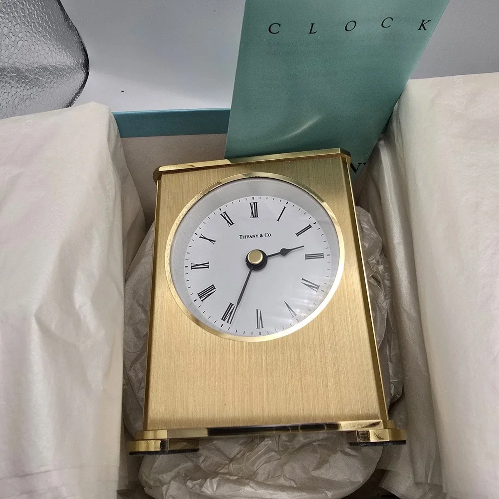 Vintage Tiffany & Co Brass Desktop Clock with Original Box